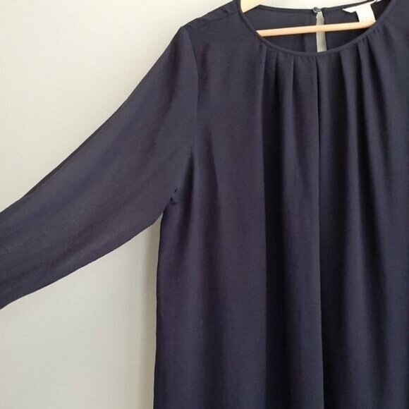 H&M / A-Line Sheer Sleeve Pleated Scoop Neck Knee Length Dress Navy Sz 14 - Picture 4 of 10